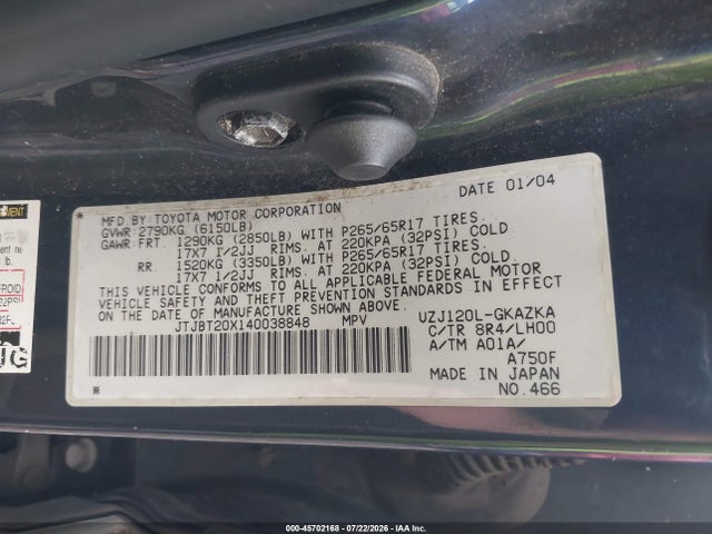 Aukcja sprzedaży 2004 Lexus Gx 470, vin: JTJBT20X140038848, numer aukcji: 45702168