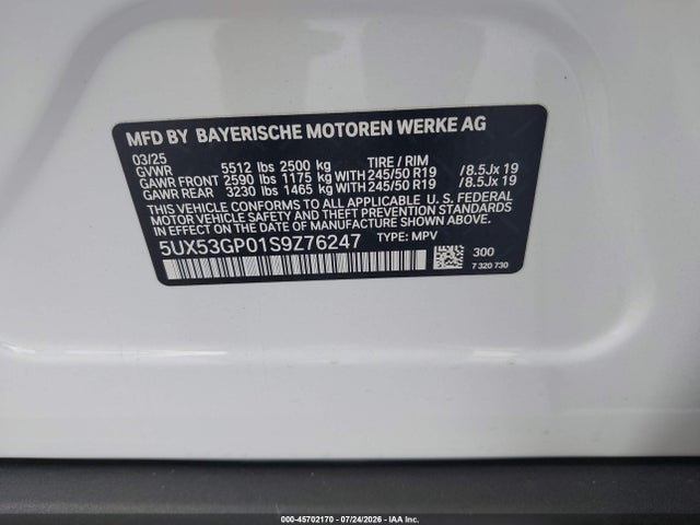 Aukcja sprzedaży 2025 Bmw X3 30 Xdrive, vin: 5UX53GP01S9Z76247, numer aukcji: 45702170