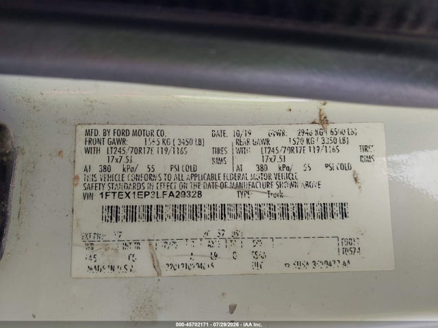 45702171 :رقم المزاد ، 1FTEX1EP3LFA29328 vin ، 2020 Ford F-150 Xl مزاد بيع
