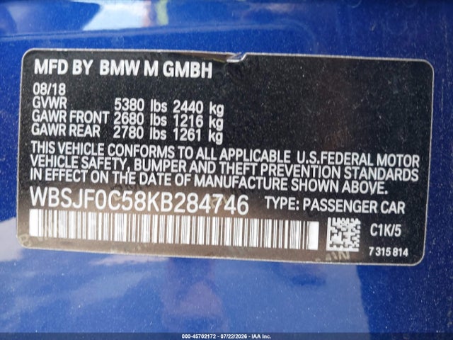 Aukcja sprzedaży 2019 Bmw M5, vin: WBSJF0C58KB284746, numer aukcji: 45702172