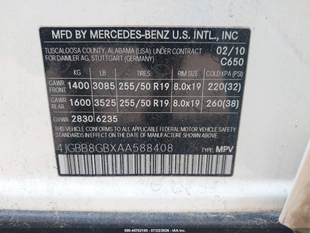 Продажа на аукционе авто 2010 Mercedes-benz Ml 350 4matic, vin: 4JGBB8GBXAA588408, номер лота: 45702180