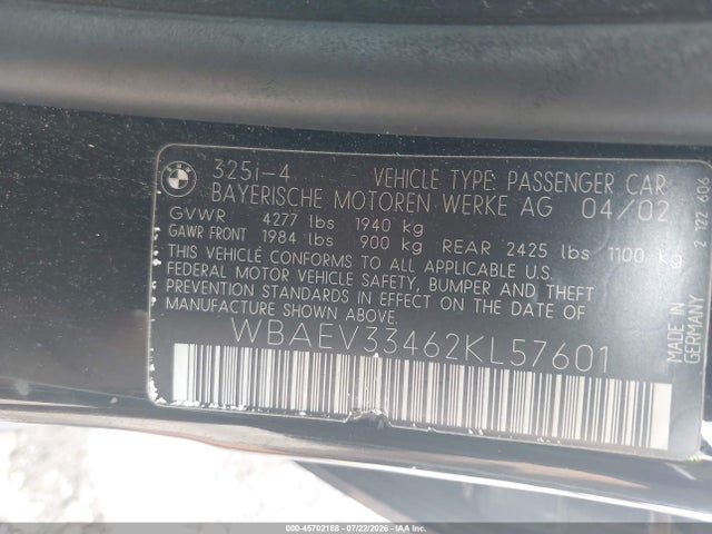 2002 Bmw 325i მანქანა იყიდება აუქციონზე, vin: WBAEV33462KL57601, აუქციონის ნომერი: 45702188