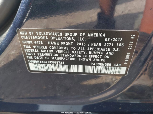 Продажа на аукционе авто 2012 Volkswagen Passat 2.5l Se, vin: 1VWBH7A32CC068724, номер лота: 45702192