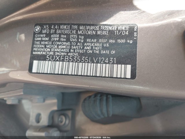 45702205 :رقم المزاد ، 5UXFB53535LV12431 vin ، 2005 Bmw X5 4.4i مزاد بيع