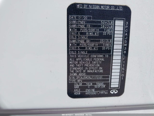 Продаж на аукціоні авто 2020 Infiniti Qx50 Luxe Awd, vin: 3PCAJ5M38LF115101, номер лоту: 45702211