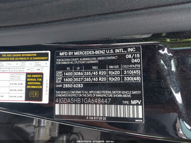 Продажа на аукционе авто 2016 Mercedes-benz Gle 350 4matic, vin: 4JGDA5HB1GA648447, номер лота: 45702216