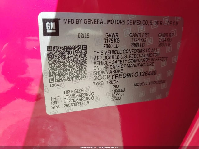 3GCPYFED9KG136440 Chevrolet Silverado 1500 Lt Trail Boss