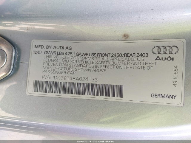 Продаж на аукціоні авто 2008 Audi A5 3.2l, vin: WAUDK78T48A024033, номер лоту: 45702278