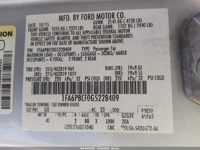 45702281 :رقم المزاد ، 1FA6P8CF0G5228409 vin ، 2016 Ford Mustang Gt Premium مزاد بيع
