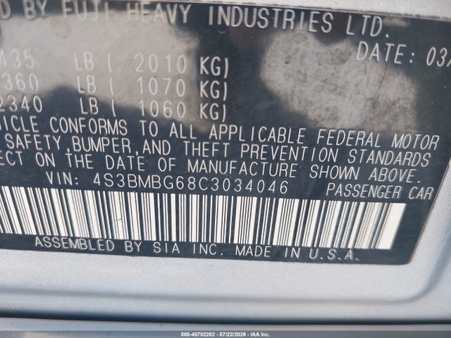 Aukcja sprzedaży 2012 Subaru Legacy 2.5i Premium, vin: 4S3BMBG68C3034046, numer aukcji: 45702282