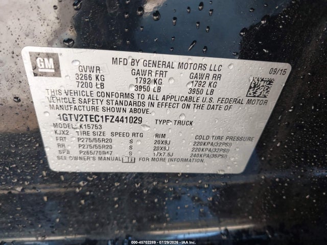Aukcja sprzedaży 2015 Gmc Sierra 1500, vin: 1GTV2TEC1FZ441029, numer aukcji: 45702289