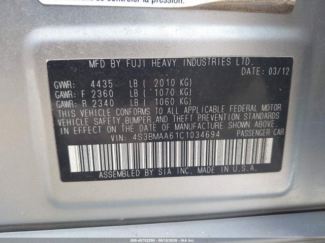 2012 Subaru Legacy 2.5i მანქანა იყიდება აუქციონზე, vin: 4S3BMAA61C1034694, აუქციონის ნომერი: 45702290