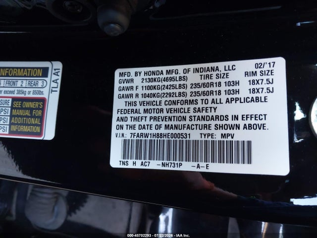 7FARW1H88HE000531 Honda Cr-v Ex-l/ex-l Navi