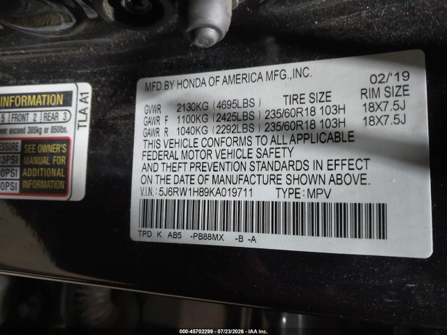 2019 Honda Cr-v Ex-l მანქანა იყიდება აუქციონზე, vin: 5J6RW1H89KA019711, აუქციონის ნომერი: 45702299