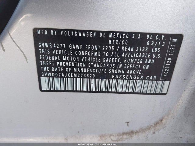 Продаж на аукціоні авто 2014 Volkswagen Jetta 1.8t Se, vin: 3VWD07AJXEM223620, номер лоту: 45702309