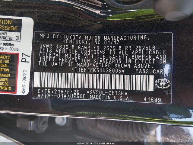 Продаж на аукціоні авто 2017 Toyota Camry Se, vin: 4T1BF1FK5HU380054, номер лоту: 45702314