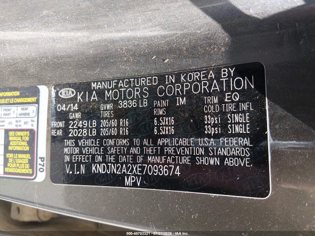 45702321 :رقم المزاد ، KNDJN2A2XE7093674 vin ، 2014 Kia Soul مزاد بيع