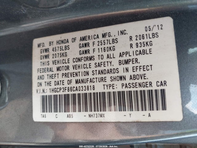 45702326 :رقم المزاد ، 1HGCP3F86CA033818 vin ، 2012 Honda Accord 3.5 Ex-l مزاد بيع
