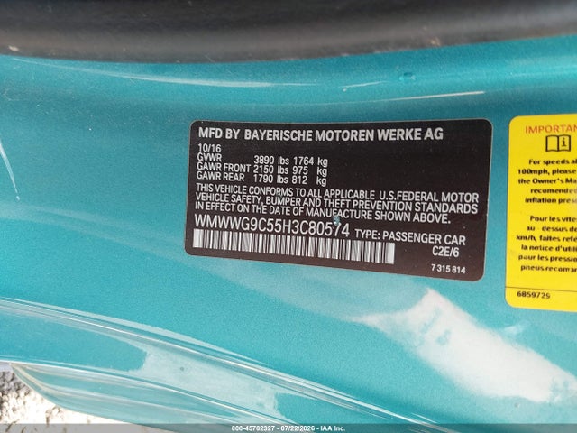 Aukcja sprzedaży 2017 Mini Convertible Cooper S, vin: WMWWG9C55H3C80574, numer aukcji: 45702327