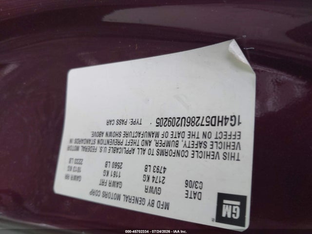 45702334 :رقم المزاد ، 1G4HD57286U209205 vin ، 2006 Buick Lucerne Cxl مزاد بيع