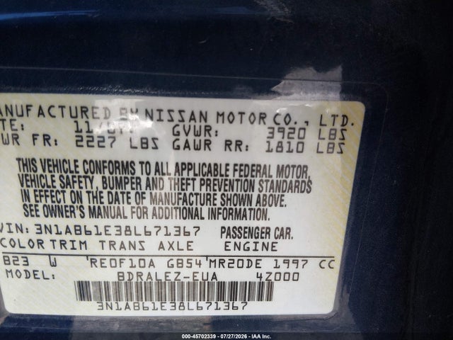 2008 Nissan Sentra 2.0 S მანქანა იყიდება აუქციონზე, vin: 3N1AB61E38L671367, აუქციონის ნომერი: 45702339