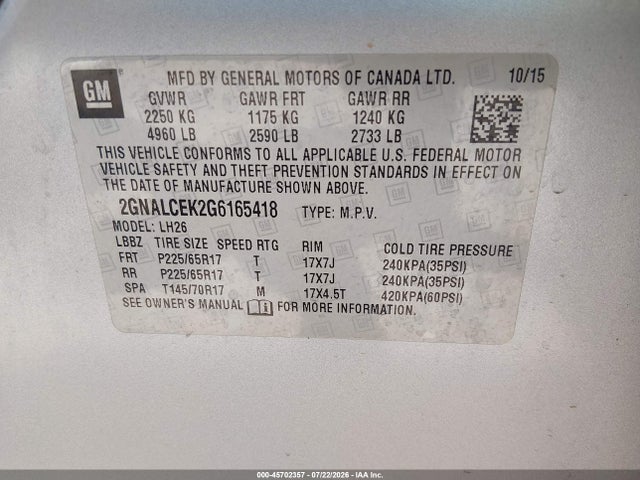 Chevrolet EQUINOX LT 2016 2GNALCEK2G6165418 Image 9