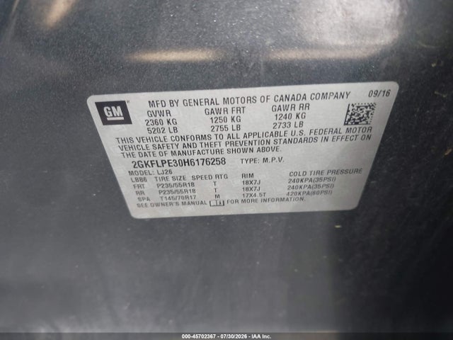 Продаж на аукціоні авто 2017 Gmc Terrain Slt, vin: 2GKFLPE30H6176258, номер лоту: 45702367