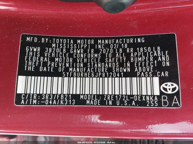 Продажа на аукционе авто 2018 Toyota Corolla Le, vin: 5YFBURHE6JP812041, номер лота: 45702370