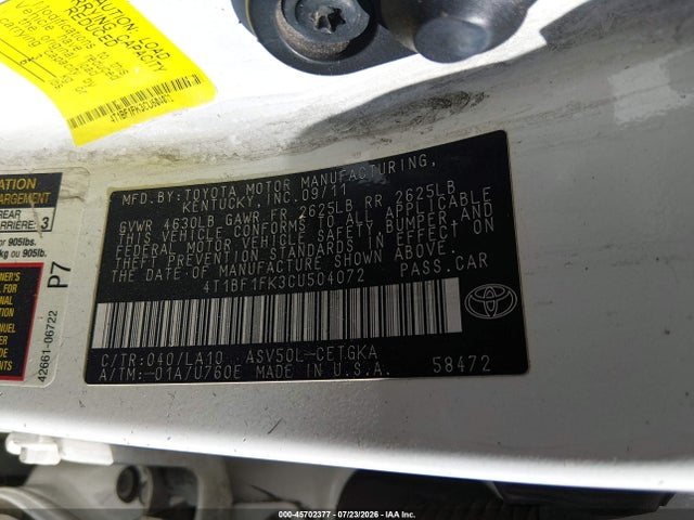 45702377 :رقم المزاد ، 4T1BF1FK3CU504072 vin ، 2012 Toyota Camry Xle مزاد بيع