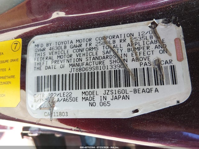 45702384 :رقم المزاد ، JT8BD69S810133903 vin ، 2001 Lexus Gs 300 مزاد بيع