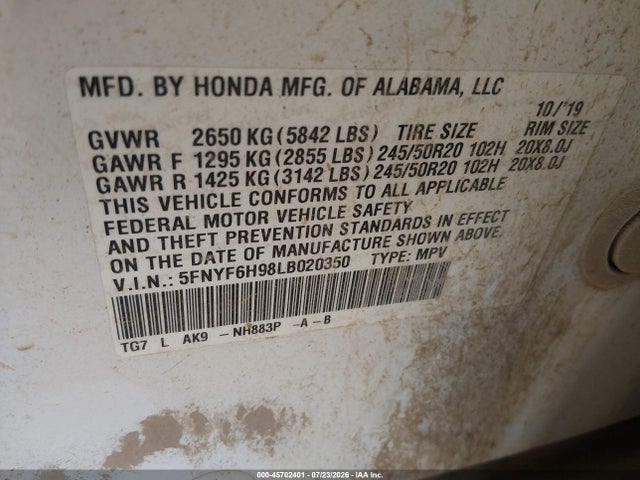 5FNYF6H98LB020350 Honda Pilot Awd Touring 8 Passenger