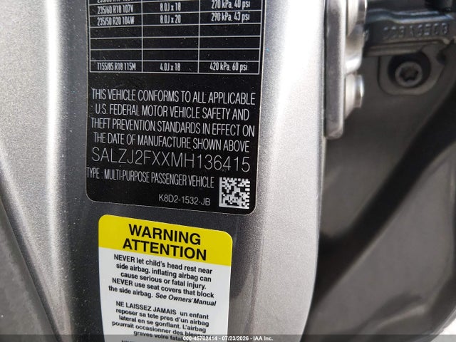 45702414 :رقم المزاد ، SALZJ2FXXMH136415 vin ، 2021 Land Rover Range Rover Evoque S مزاد بيع
