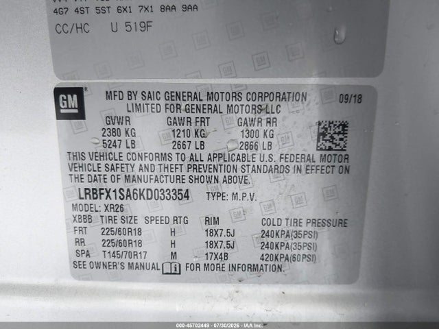 45702449 :رقم المزاد ، LRBFX1SA6KD033354 vin ، 2019 Buick Envision Awd Preferred مزاد بيع