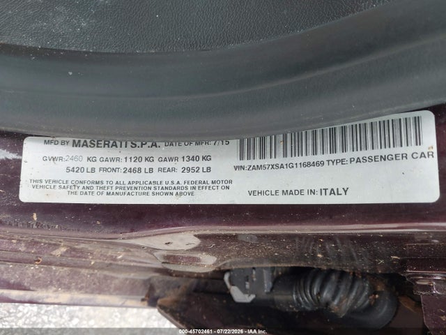 45702461 :رقم المزاد ، ZAM57XSA1G1168469 vin ، 2016 Maserati Ghibli مزاد بيع