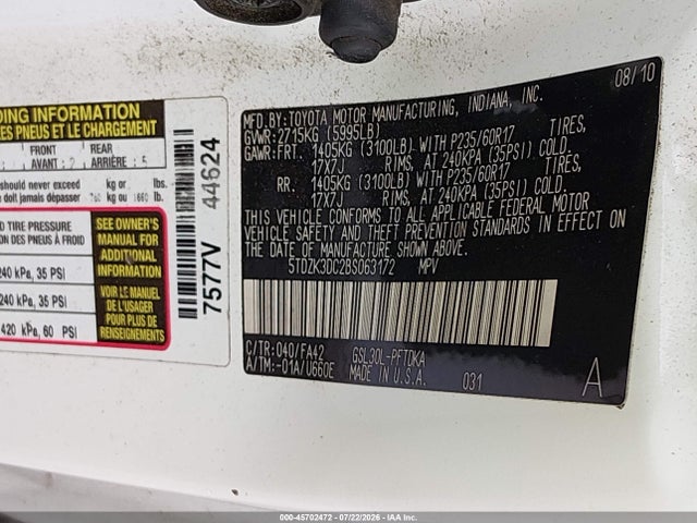 45702472 :رقم المزاد ، 5TDZK3DC2BS063172 vin ، 2011 Toyota Sienna Base V6 مزاد بيع
