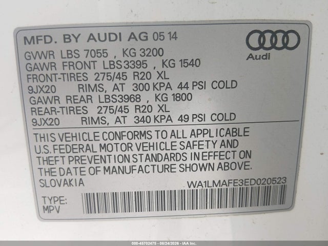 45702475 :رقم المزاد ، WA1LMAFE3ED020523 vin ، 2014 Audi Q7 3.0 Tdi Premium مزاد بيع