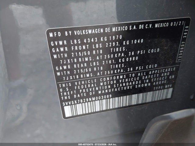 2022 Volkswagen Taos 1.5t Se მანქანა იყიდება აუქციონზე, vin: 3VVSX7B29NM003089, აუქციონის ნომერი: 45702478