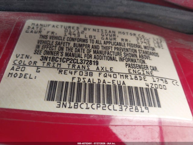 2012 Nissan Versa 1.8 S მანქანა იყიდება აუქციონზე, vin: 3N1BC1CP2CL372819, აუქციონის ნომერი: 45702491