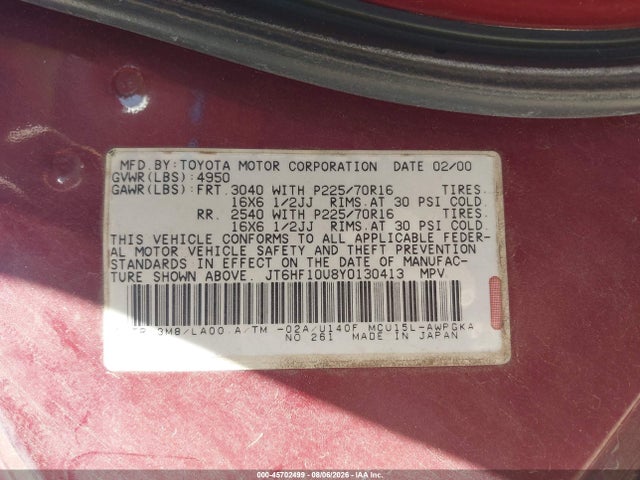 Auction sale of the 2000 Lexus Rx 300, vin: JT6HF10U8Y0130413, lot number: 45702499