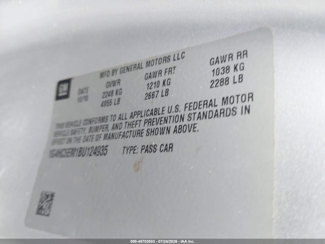45702503 :رقم المزاد ، 1G4HC5EM1BU124935 vin ، 2011 Buick Lucerne Cxl مزاد بيع