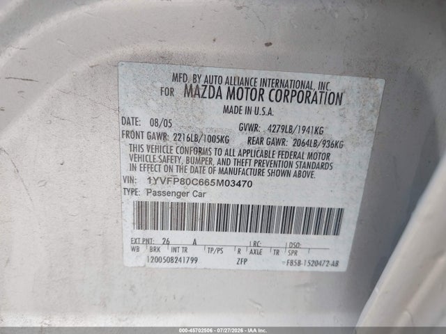 45702506 :رقم المزاد ، 1YVFP80C665M03470 vin ، 2006 Mazda Mazda6 I مزاد بيع