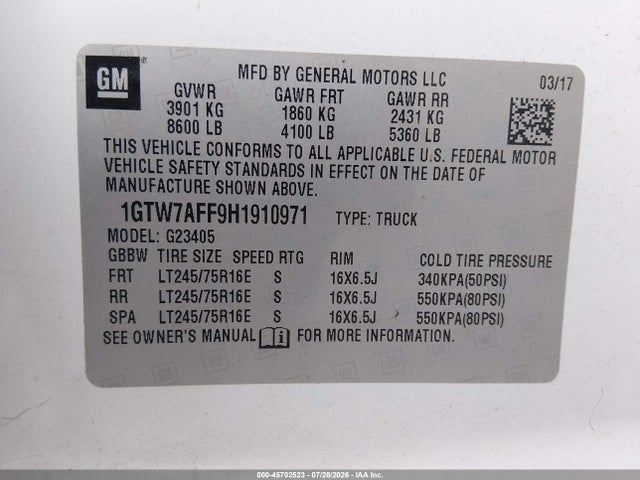 2017 Gmc Savana 2500 Work Van მანქანა იყიდება აუქციონზე, vin: 1GTW7AFF9H1910971, აუქციონის ნომერი: 45702523