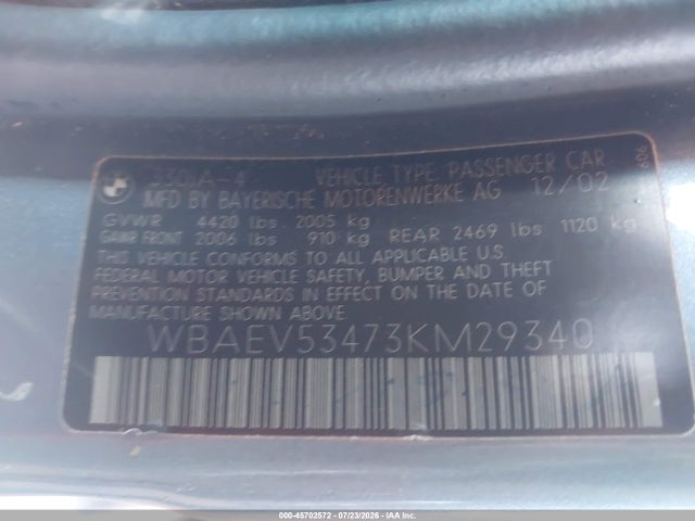 Aukcja sprzedaży 2003 Bmw 330i, vin: WBAEV53473KM29340, numer aukcji: 45702572