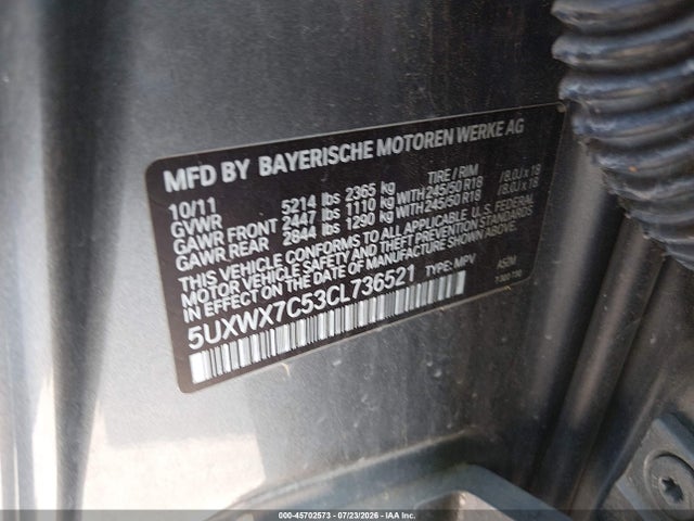 Продаж на аукціоні авто 2012 Bmw X3 Xdrive35i, vin: 5UXWX7C53CL736521, номер лоту: 45702573