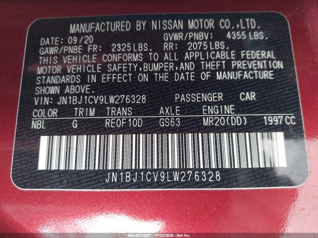 Продаж на аукціоні авто 2020 Nissan Rogue Sport Sv Fwd Xtronic Cvt, vin: JN1BJ1CV9LW276328, номер лоту: 45702587