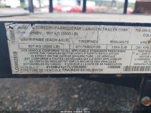 Aukcja sprzedaży 2020 Carry On Single Axle Trailer, vin: 4YMBU1017LV052080, numer aukcji: 45702616