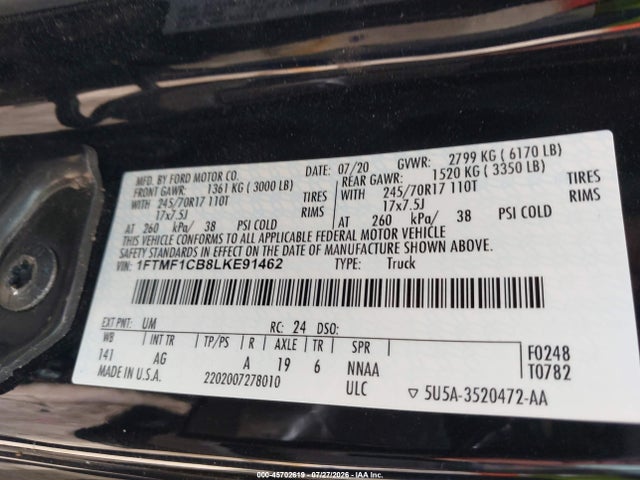 Aukcja sprzedaży 2020 Ford F-150 Xl, vin: 1FTMF1CB8LKE91462, numer aukcji: 45702619