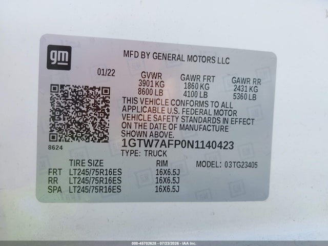 45702628 :رقم المزاد ، 1GTW7AFP0N1140423 vin ، 2022 Gmc Savana Cargo Rwd 2500 Regular Wheelbase Work Van مزاد بيع