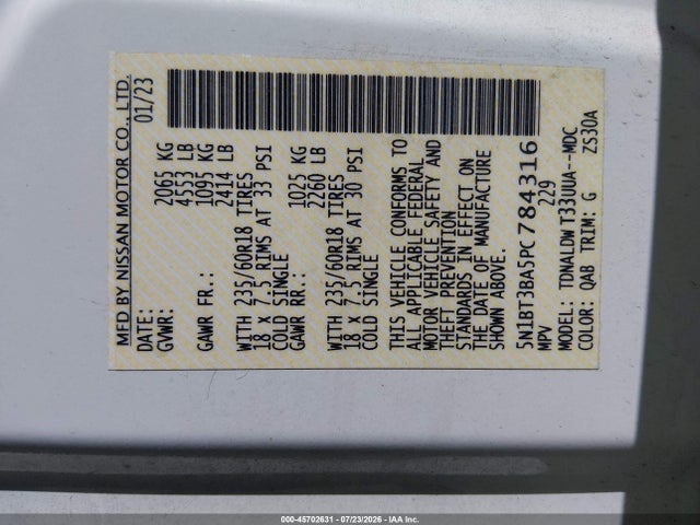 5N1BT3BA5PC784316 Nissan Rogue Sv Fwd