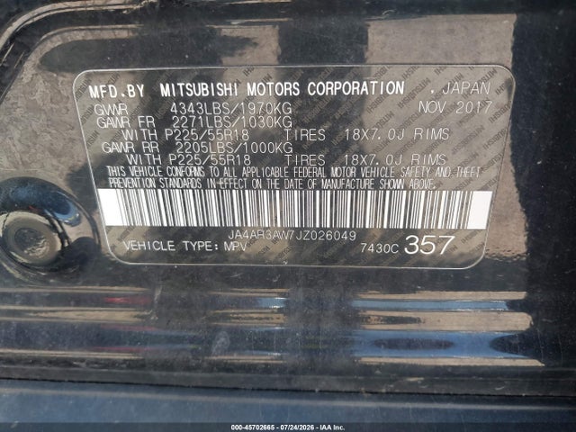 2018 Mitsubishi Outlander Sport 2.4 Se მანქანა იყიდება აუქციონზე, vin: JA4AR3AW7JZ026049, აუქციონის ნომერი: 45702665